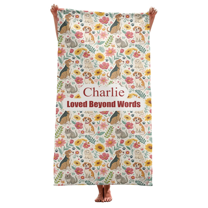 Personalized pet towel with two lines of custom text and playful pattern; available in 10 colorful designs for dogs or cats-ARTFULANE
