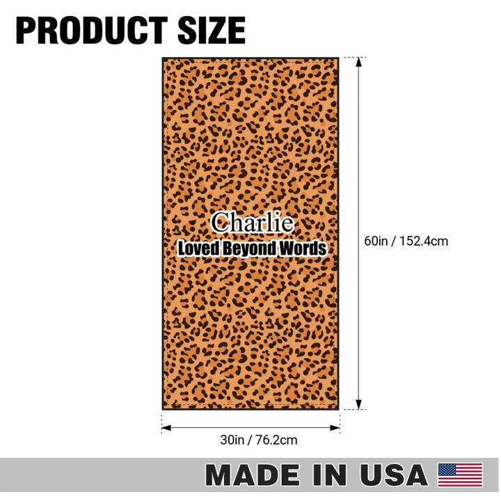 Size chart of Personalized Animal Print pet towel with custom text like a name. Available in different animal print colors (leopard, cow, snake, crocodile, cheetah, dalmatian, giraffe, zebra, tiger, scales) for dogs or cats-ARTFULANE