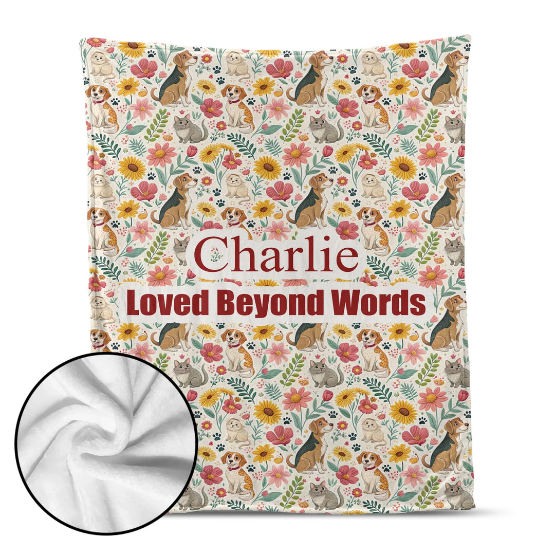 Personalized pet blanket with two lines of custom text and playful pattern; available in 10 colorful designs for dogs or cats-ARTFULANE