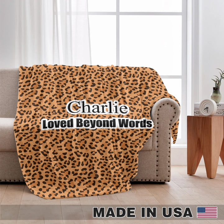 Personalized Animal Print pet blanket with custom text like a name. Available in different animal print colors (leopard, cow, snake, crocodile, cheetah, dalmatian, giraffe, zebra, tiger, scales) for dogs or cats-ARTFULANE