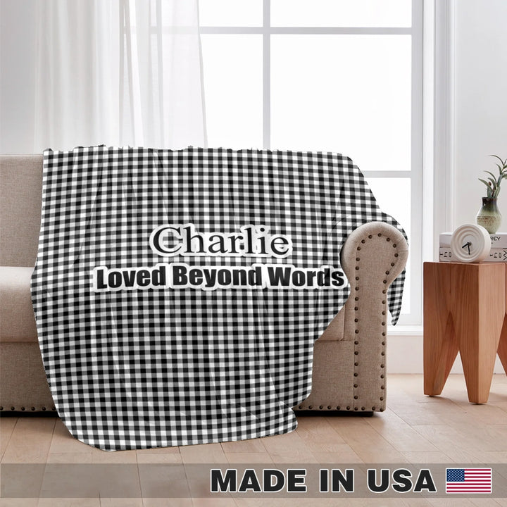Personalized Gingham pet blanket with custom text like a name. Available in different Gingham pattern colors for dogs or cats-ARTFULANE