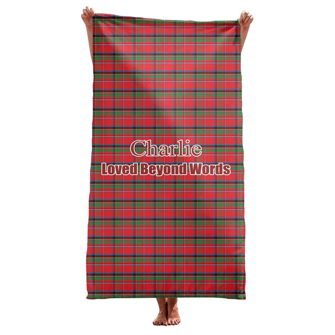 Personalized tartan plaid pet towel with two lines of custom text. Available in different plaid colors for dogs or cats-ARTFULANE