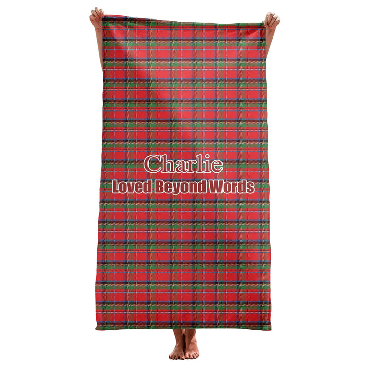 Personalized tartan plaid pet towel with two lines of custom text. Available in different plaid colors for dogs or cats-ARTFULANE