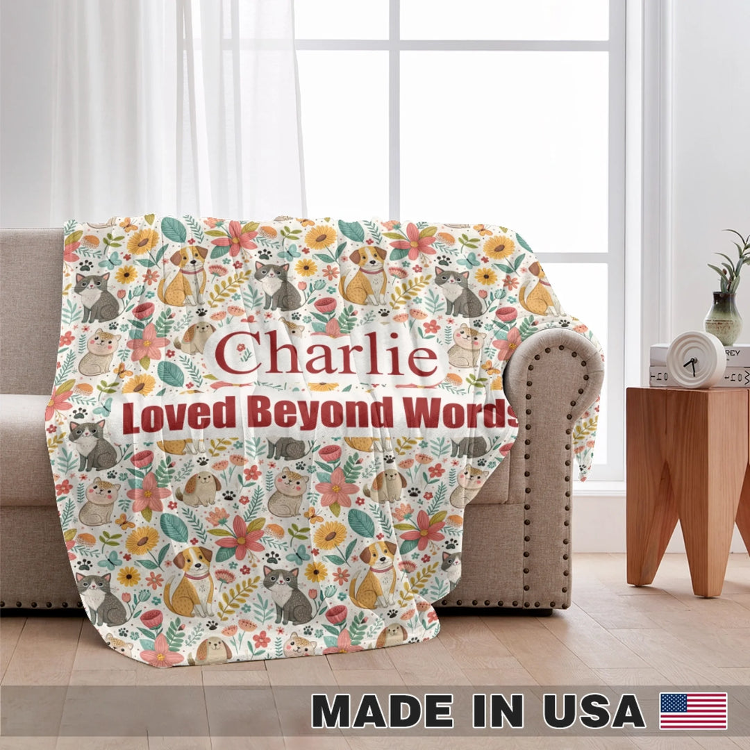 Personalized pet blanket with two lines of custom text and playful pattern; available in 10 colorful designs for dogs or cats-ARTFULANE