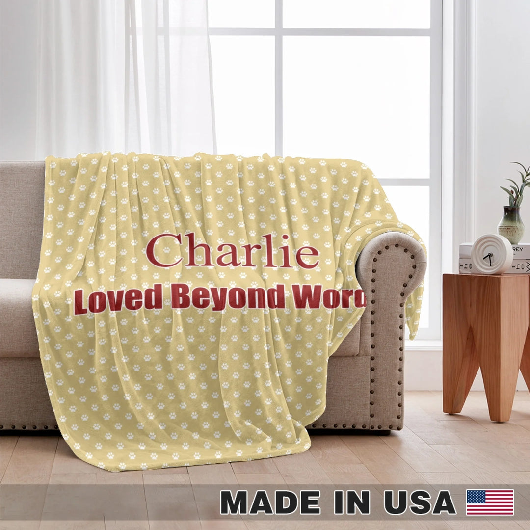 Personalized paws print pet blanket with custom text like a name. Available in different paw print colors for dogs or cats-ARTFULANE
