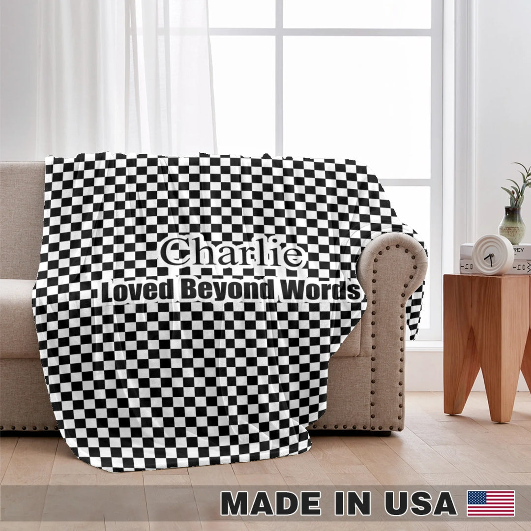 Personalized checkered pet blanket with custom text like a name. Available in different checkered colors for dogs or cats-ARTFULANE