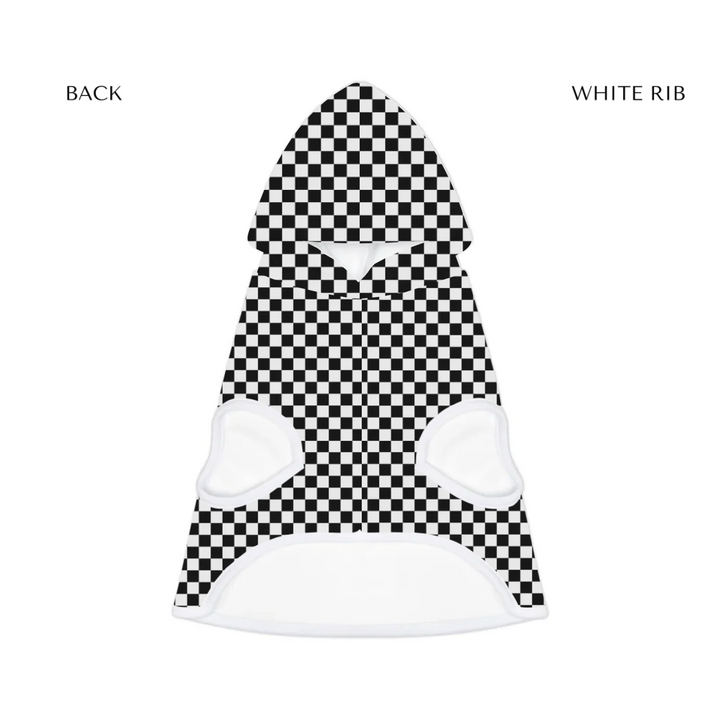 pet hoodie white rib front- Personalized checkered pet hoodie with custom text like a name. Available in different checkered colors for dogs or cats-ARTFULANE