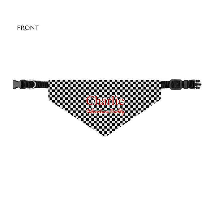 Personalized checkered pet bandana collar with custom text like a name. Available in different checkered colors for dogs or cats-ARTFULANE
