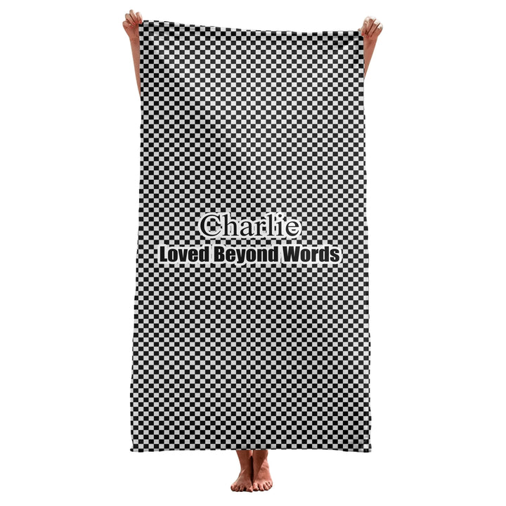 Personalized checkered pet towel with custom text like a name. Available in different checkered colors for dogs or cats-ARTFULANE
