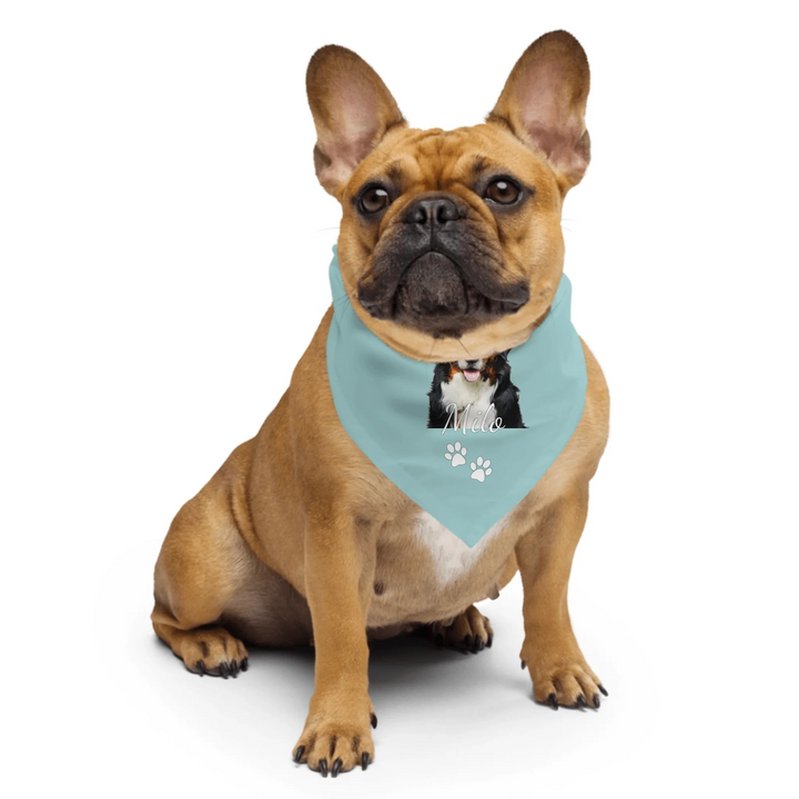 Dog wearing Personalized Photo pet bandana with custom text like a name. Available in different in any color for dogs or cats-ARTFULANE