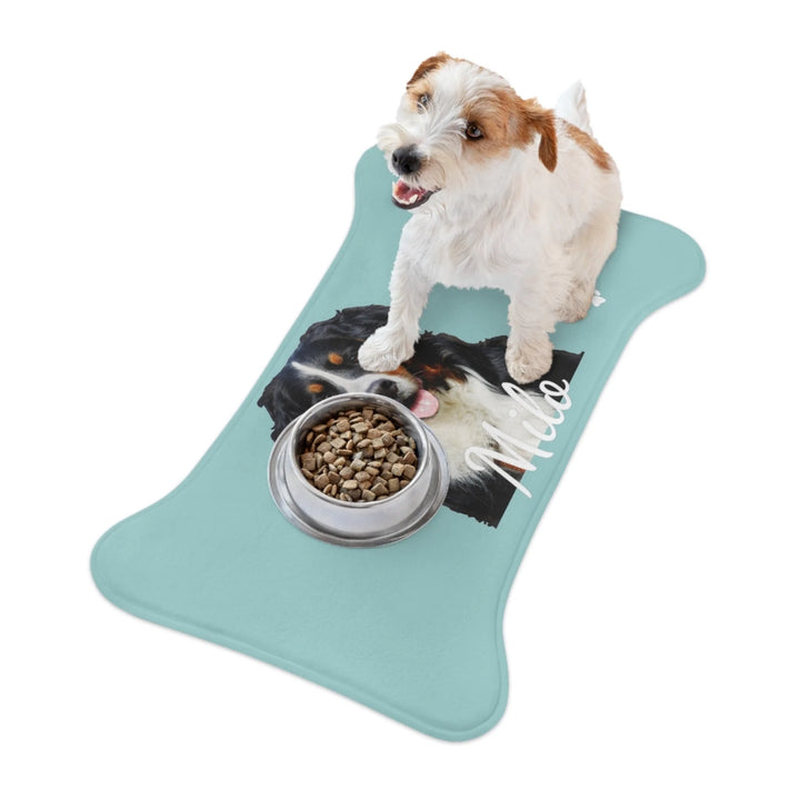 Dog using Personalized Photo pet bone-shaped feeding mat with custom text like a name. Available in any color for dogs or cats-ARTFULANE