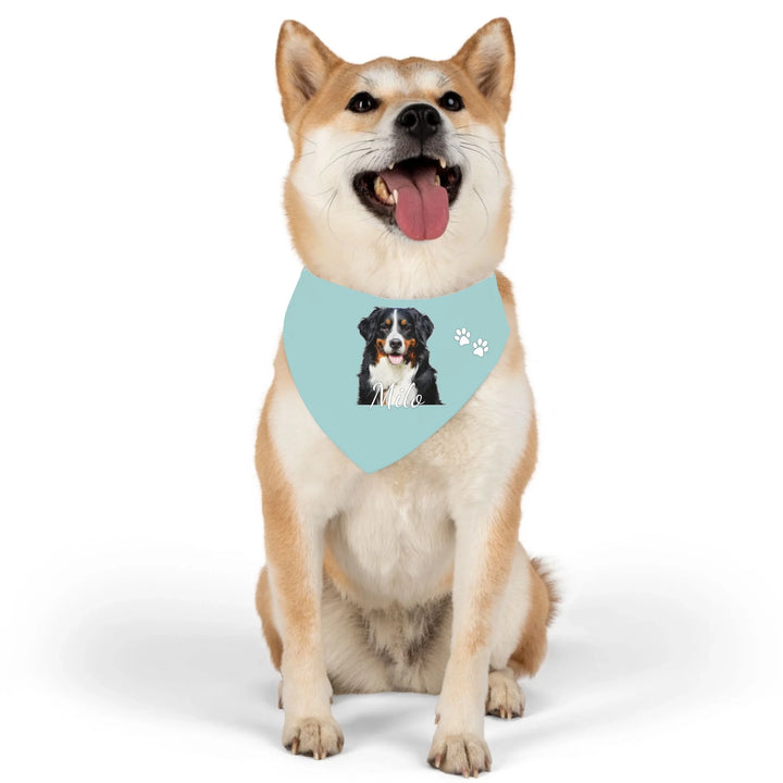 Dog wearing Personalized Photo pet bandana collar with custom text like a name. Available in different in any color for dogs or cats-ARTFULANE