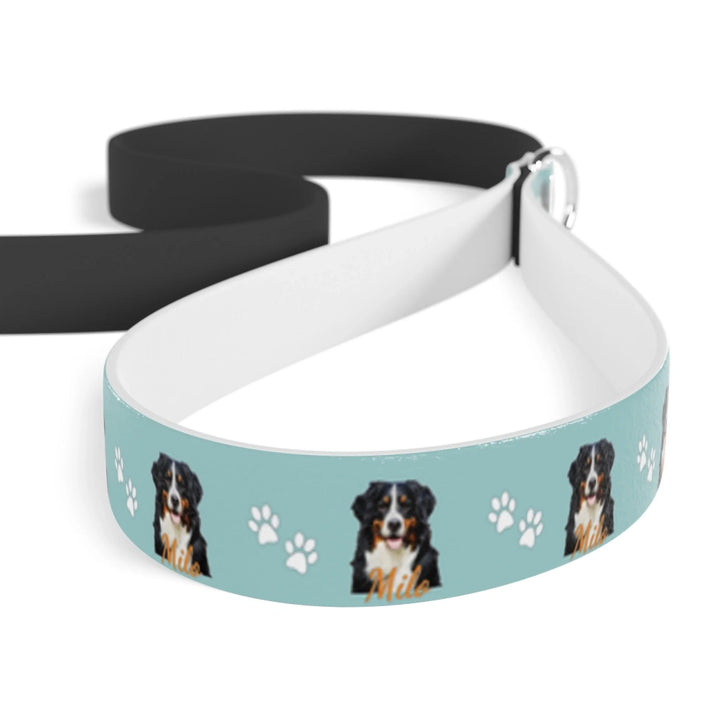 Closeup of Personalized Photo pet leash with custom text like a name. Available in any color for dogs or cats-ARTFULANE