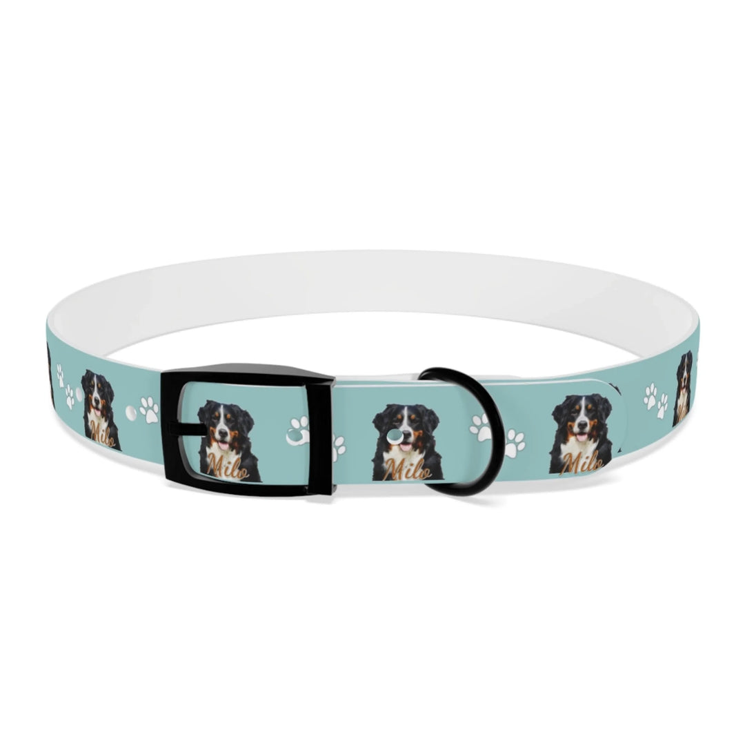 Front of Personalized Photo pet collar with custom text like a name. Available in any color for dogs or cats-ARTFULANE