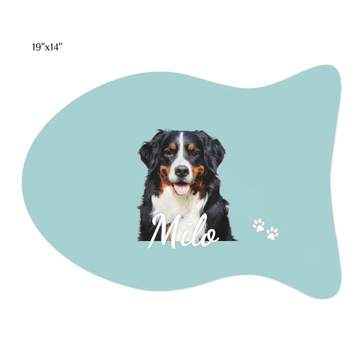 Personalized Photo pet fish-shaped feeding mat with custom text like a name. Available in different in any color for dogs or cats-ARTFULANE