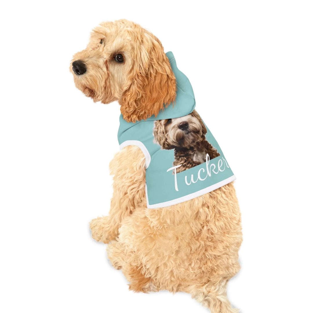 Dog wearing Personalized Photo pet hoodie with custom text like a name. Available in any color for dogs or cats-ARTFULANE
