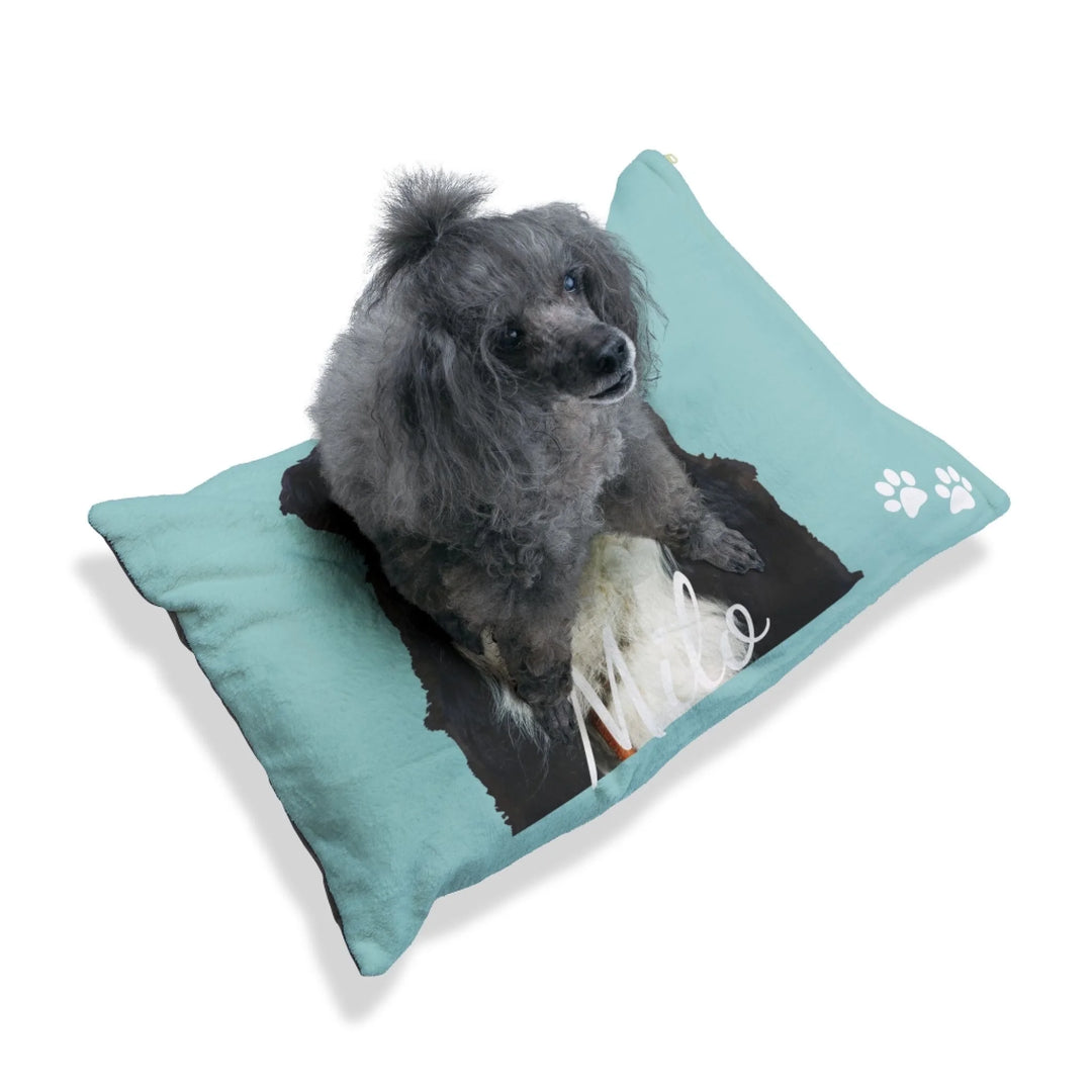 Dog relaxing on Personalized Photo pet bed with custom text like a name. Available in any color for dogs or cats-ARTFULANE