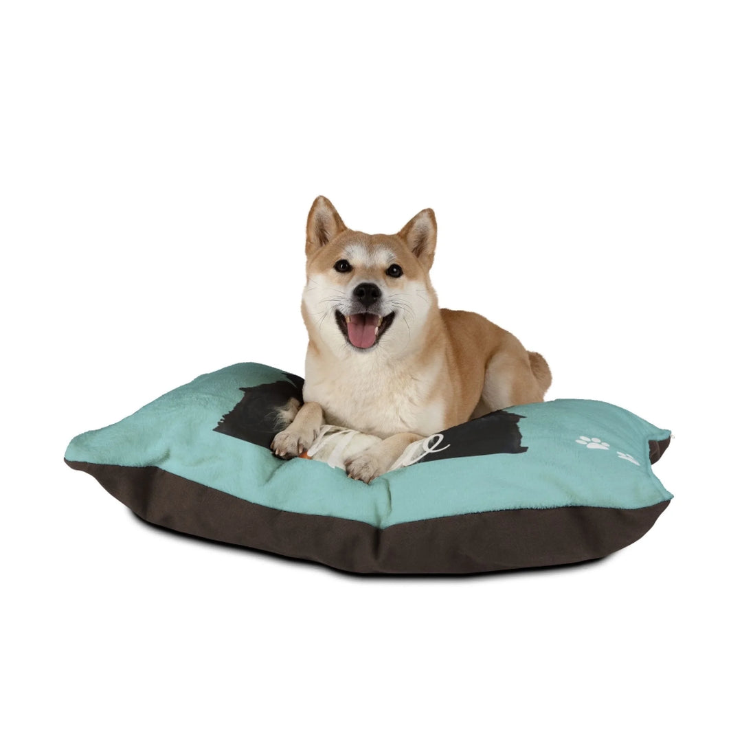 Dog sitting on Personalized Photo pet bed with custom text like a name. Available in any color for dogs or cats-ARTFULANE
