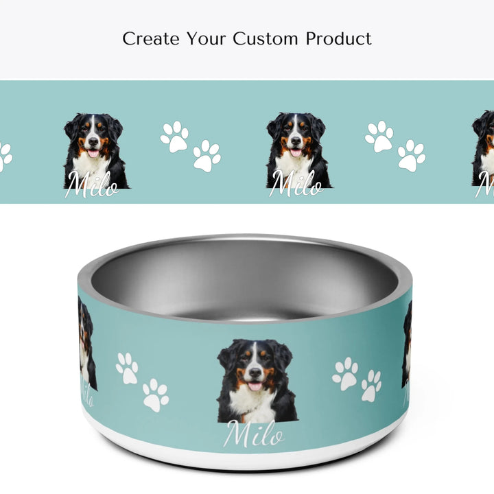 Personalized Photo pet stainless steel bowl with custom text like a name. Available in any color for dogs or cats-ARTFULANE