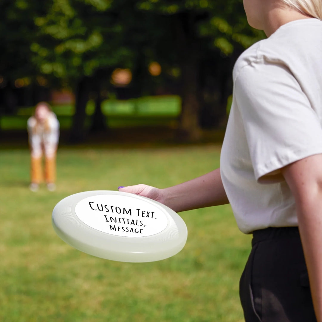 Personalized text frisbee featuring initials, name, message, or quote in any color and various fonts — premium gift for sport lovers by ARTFULANE