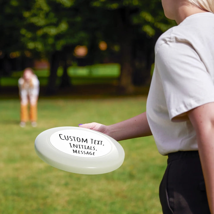 Personalized text frisbee featuring initials, name, message, or quote in any color and various fonts — premium gift for sport lovers by ARTFULANE