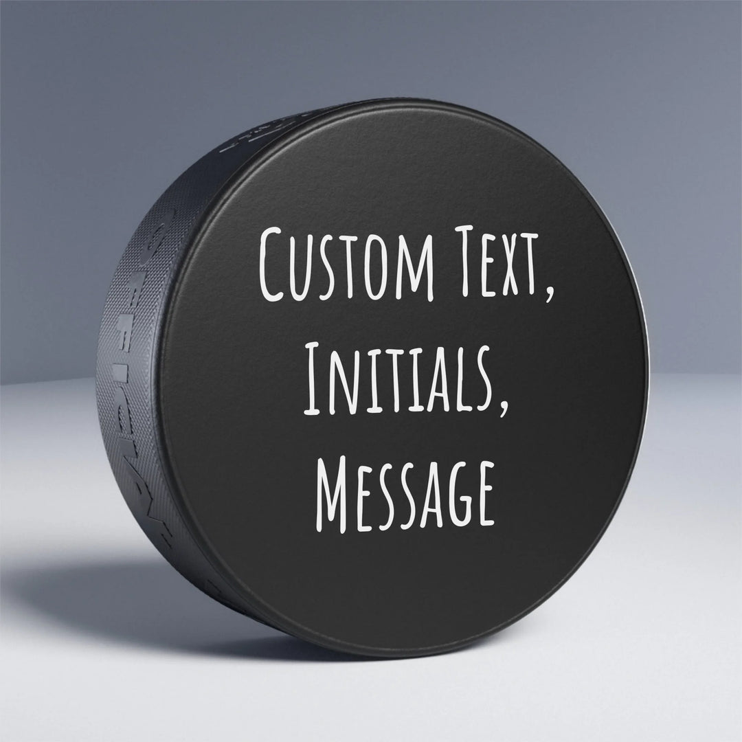 Personalized text hockey puck featuring initials, name, message, or quote in any color and various fonts — premium gift for sport lovers by ARTFULANE