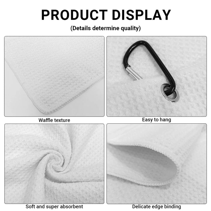 product display of Personalized golf towels with custom spiral text — add initials, name, or quote in any color and font style — premium gift for golfers by ARTFULANE