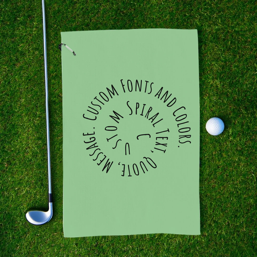 Personalized golf towels with custom spiral text — add initials, name, or quote in any color and font style — premium gift for golfers by ARTFULANE