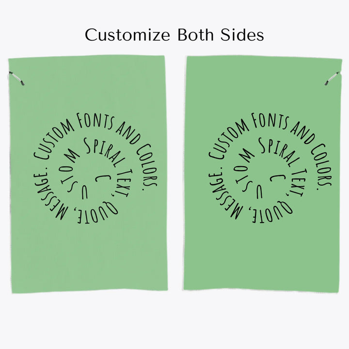Personalized golf towels with custom spiral text — add initials, name, or quote in any color and font style — premium gift for golfers by ARTFULANE