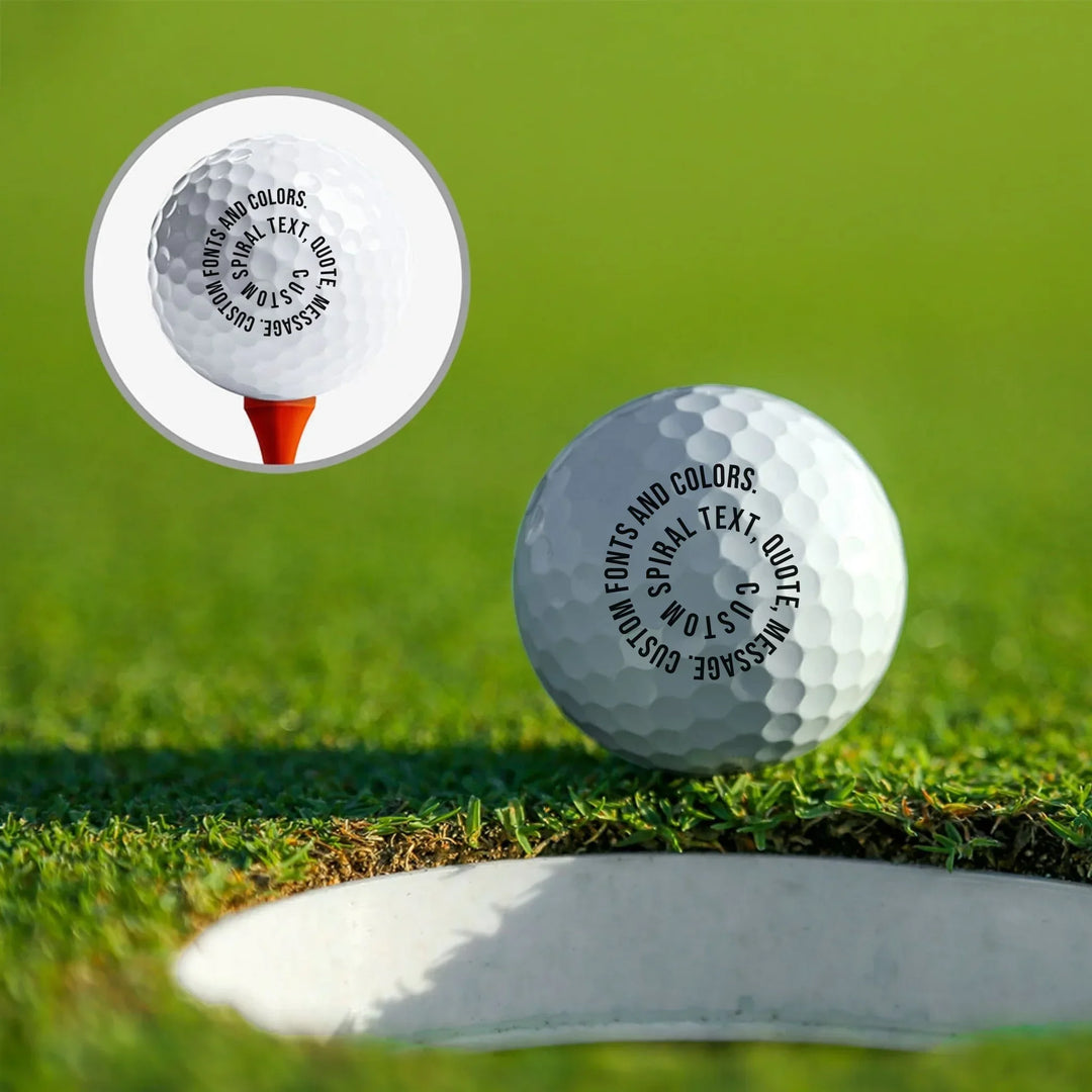 Personalized golf balls with custom spiral text — add initials, name, or quote in any color and font style — premium gift for golfers by ARTFULANE