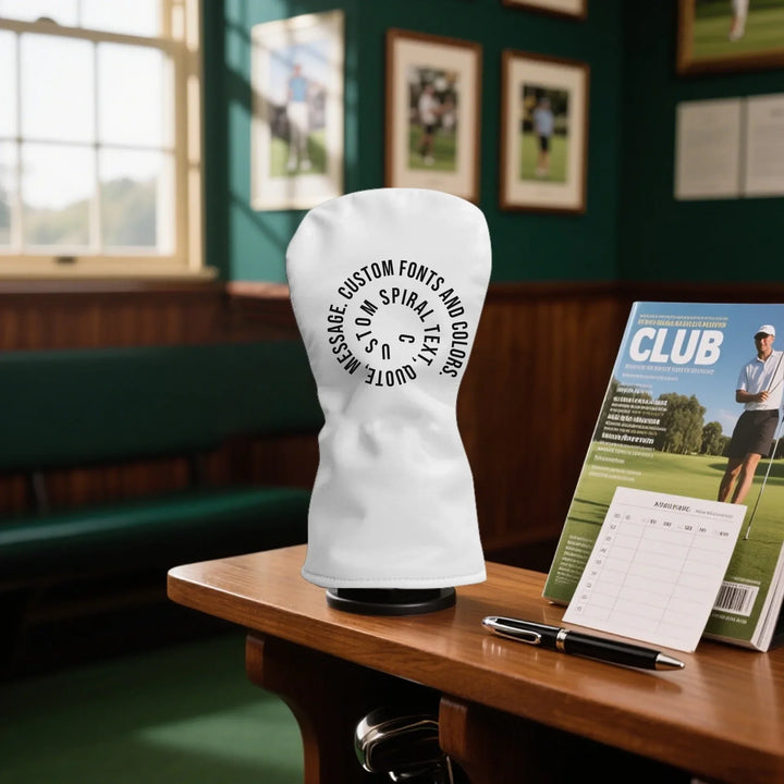 Personalized golf club head cover with custom spiral text — add initials, name, or quote in any color and font style — premium gift for golfers by ARTFULANE
