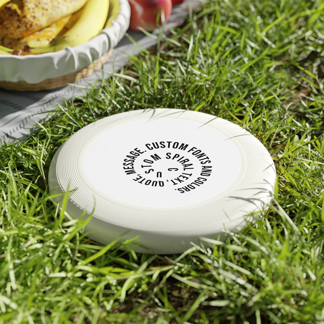 Personalized spiral text frisbee featuring initials, name, message, or quote in any color and various fonts — premium gift for sport lovers by ARTFULANE