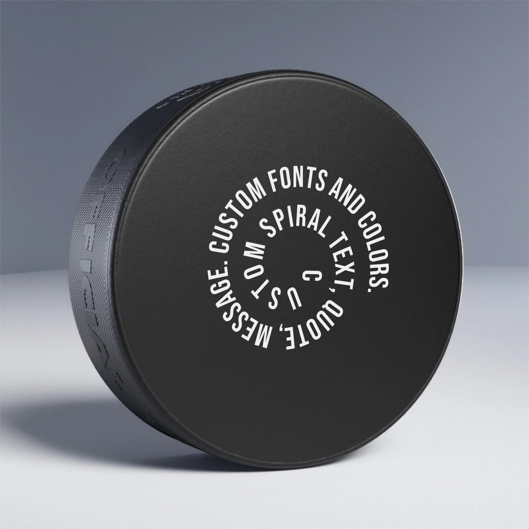Personalized spiral text hockey puck featuring initials, name, message, or quote in any color and various fonts — premium gift for sport lovers by ARTFULANE