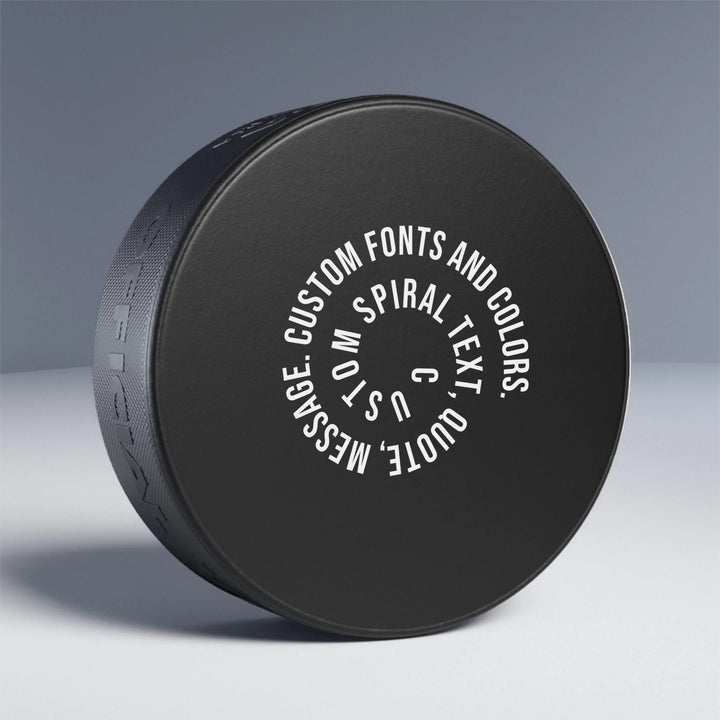 Personalized spiral text hockey puck featuring initials, name, message, or quote in any color and various fonts — premium gift for sport lovers by ARTFULANE