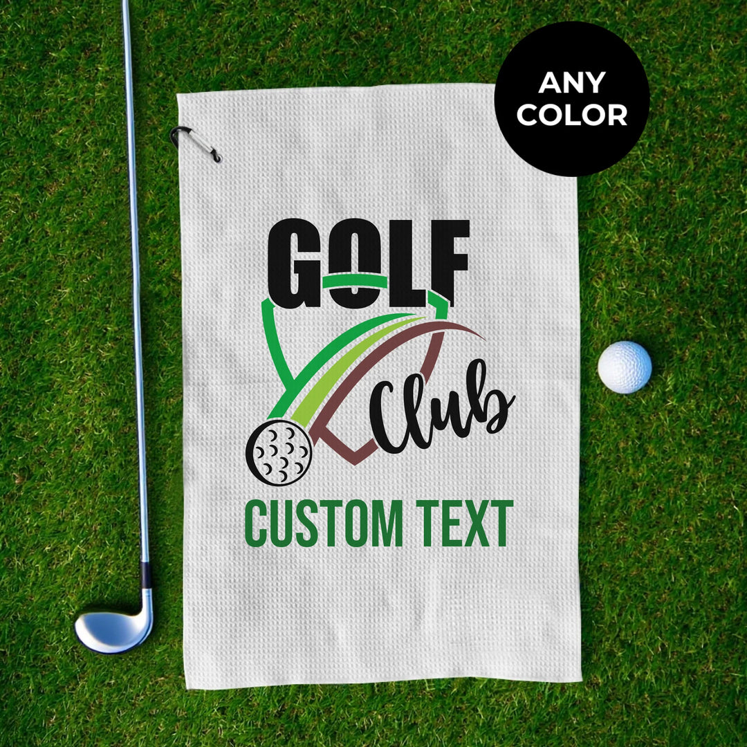 Personalized golf towels with custom spiral text — add initials, name, or quote in any color and font style — premium gift for golfers by ARTFULANE