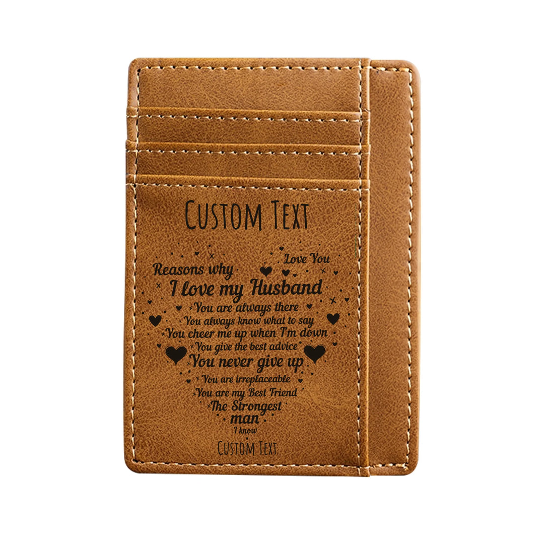 Custom engraved men’s leather card wallet in brown leather featuring heart-shaped ‘Reasons I Love My Husband’ design and personalized text — premium gift by ARTFULANE.