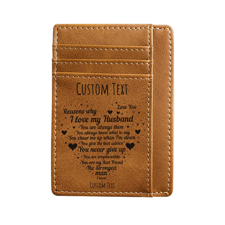 Custom engraved men’s leather card wallet in brown leather featuring heart-shaped ‘Reasons I Love My Husband’ design and personalized text — premium gift by ARTFULANE.