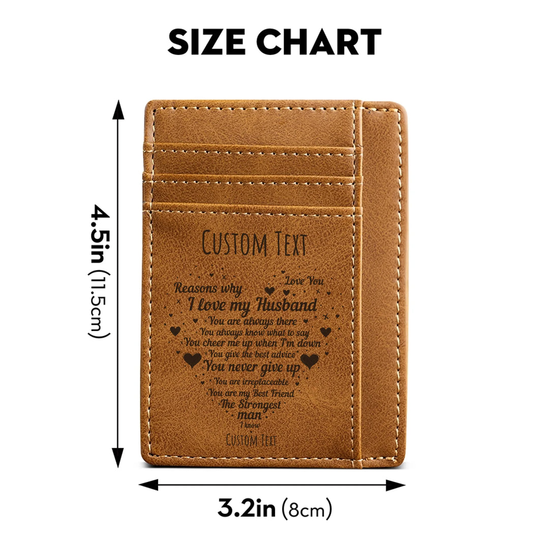 Size chart of Custom engraved men’s leather card wallet in brown leather featuring heart-shaped ‘Reasons I Love My Husband’ design and personalized text — premium gift by ARTFULANE.