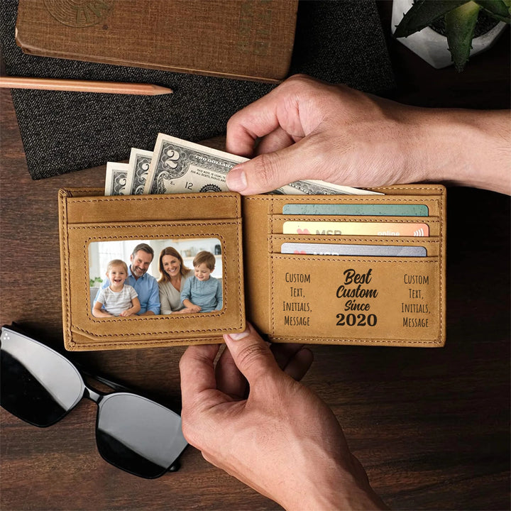 In use Custom engraved men’s wallet in brown leather featuring Best Custom Since Year design and personalized text — premium gift by ARTFULANE.