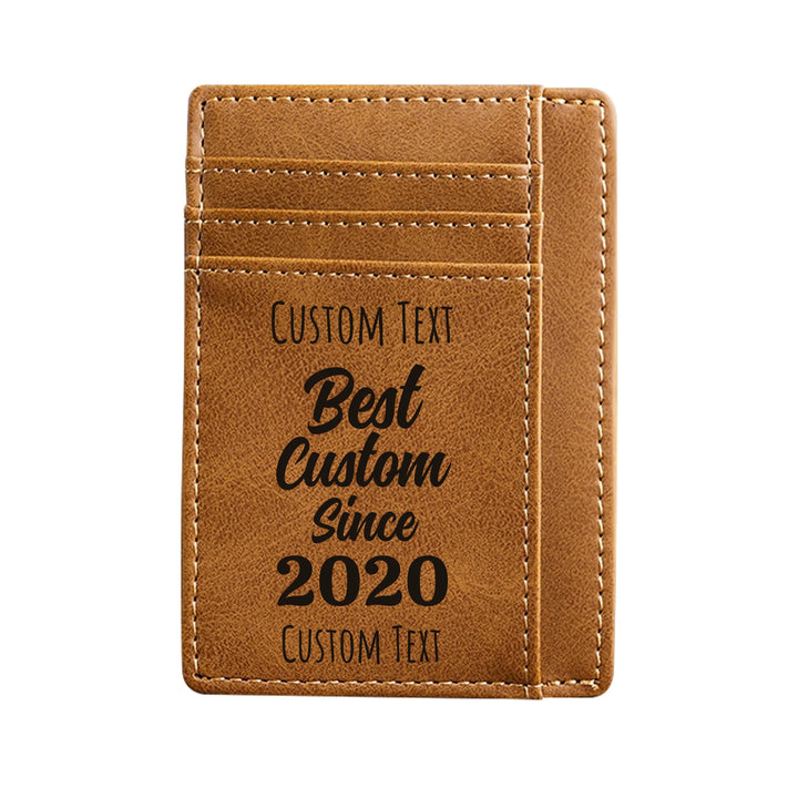 Custom engraved men’s leather card wallet in brown leather featuring Best Custom Since Year design and personalized text — premium gift by ARTFULANE.