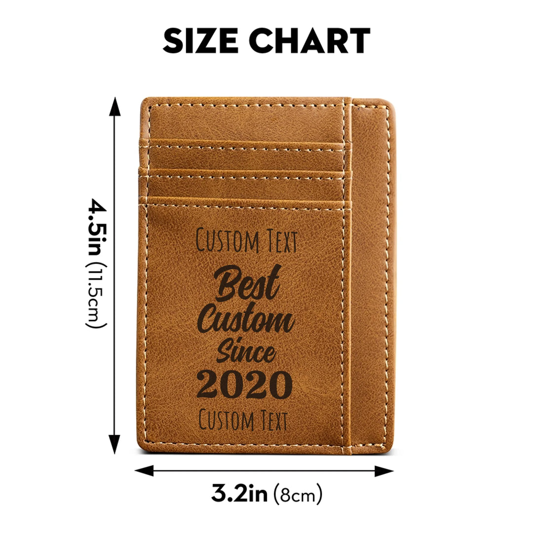 Size chart of Custom engraved men’s leather card wallet in brown leather featuring Best Custom Since Year design and personalized text — premium gift by ARTFULANE.