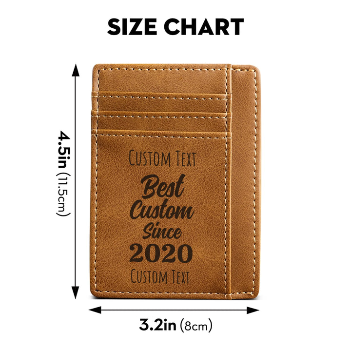 Size chart of Custom engraved men’s leather card wallet in brown leather featuring Best Custom Since Year design and personalized text — premium gift by ARTFULANE.