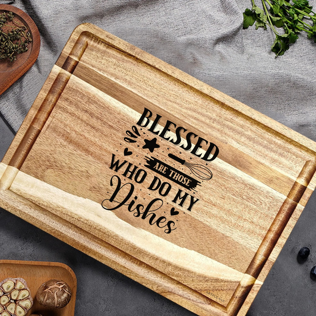 Engraved wooden cutting boards in brown, featuring custom kitchen quote designs by ARTFULANE