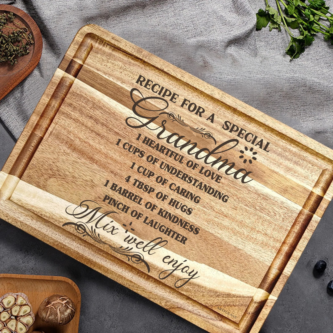Engraved wooden cutting boards, featuring custom family recipes by ARTFULANE