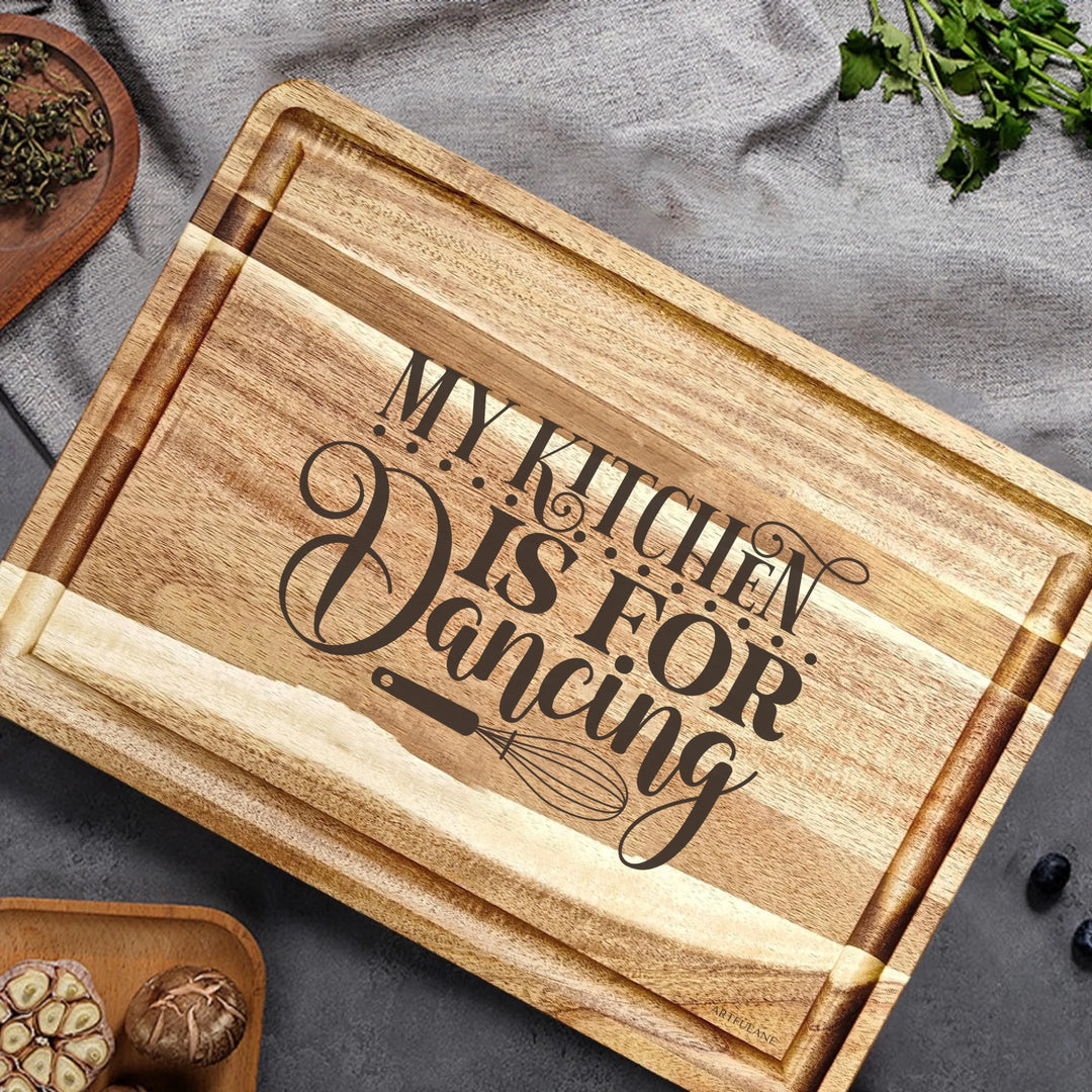 Engraved wooden cutting boards in brown, featuring custom kitchen quote designs by ARTFULANE