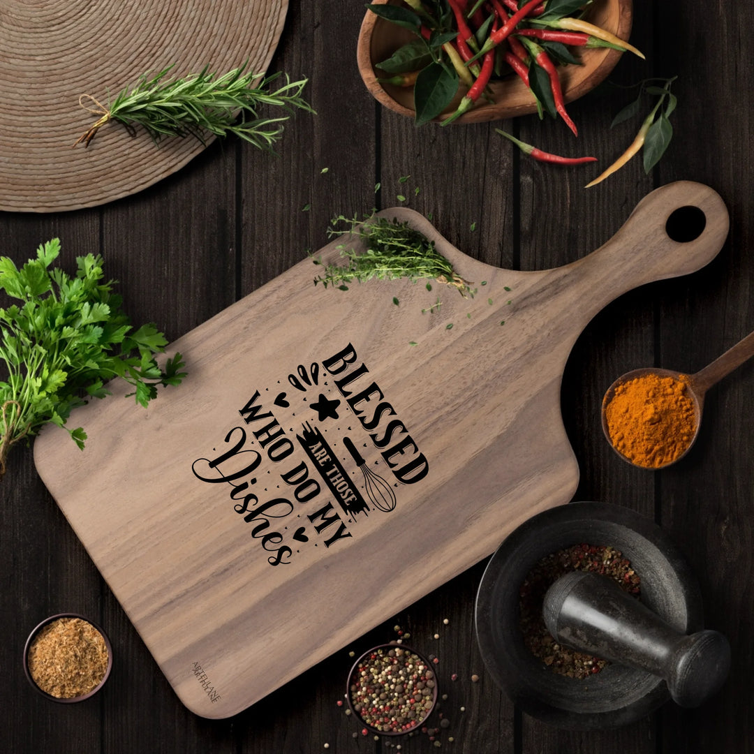 Engraved Kitchen Quotes Walnut Hardwood Paddle Cutting Board In Use - ARTFULANE