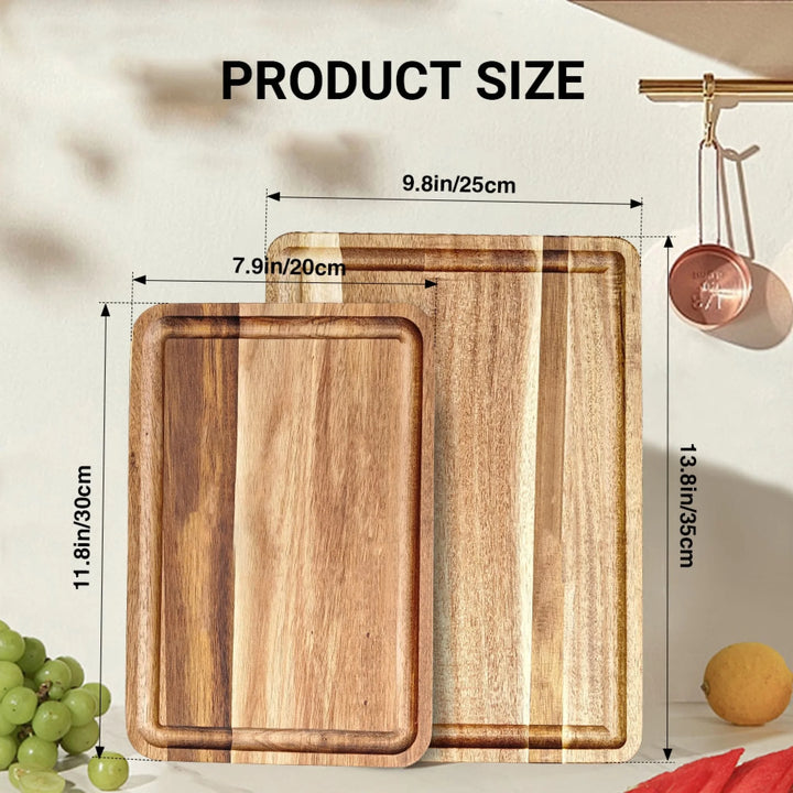 Sizes of Custom kitchen monogram engraved cutting boards featuring utensils, scrolls, and name designs in walnut and maple wood by ARTFULANE