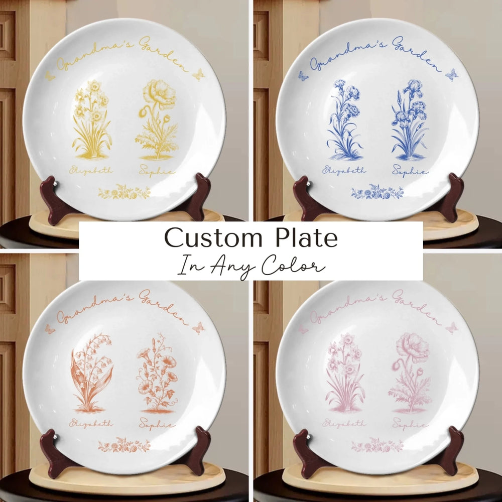Custom toile birth flower ceramic plate with personalized title, names, butterflies, and floral motifs in any color, displayed on wooden stand-ARTFULANE