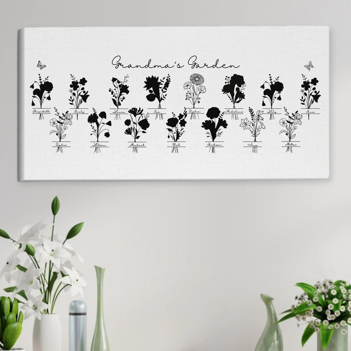 Personalized Monogram Birth Month Flower Bouquets Wall Art in any color line art, featuring custom monogram, names, and color options-ARTFULANE