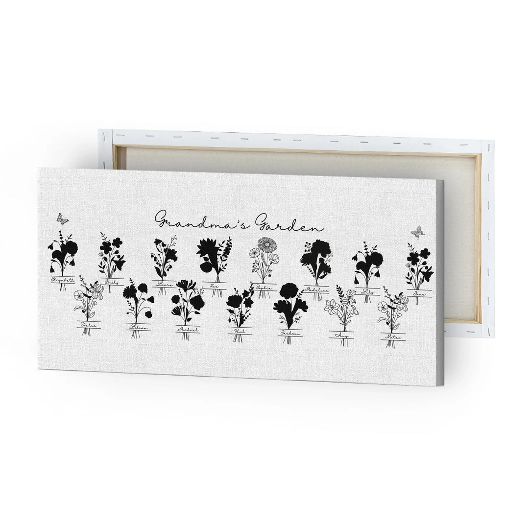 Personalized Monogram Birth Month Flower Bouquets Wall Art in any color line art, featuring custom monogram, names, and color options-ARTFULANE